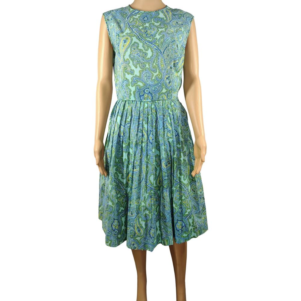 1960s Paisley Fit Flare Circle Skirt Blue Green Midi Sleeveless Dress Size Small